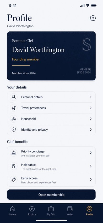 Sommet app Account screen populated with profile and stay context