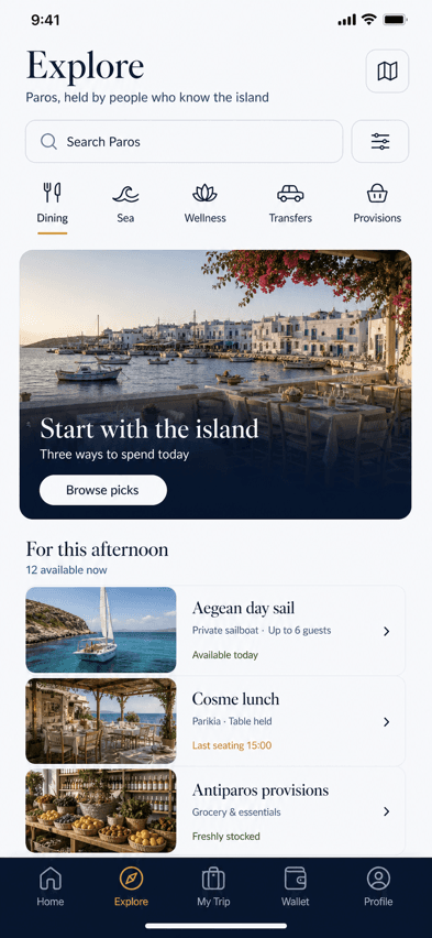 Sommet app Explore screen populated with local resort services