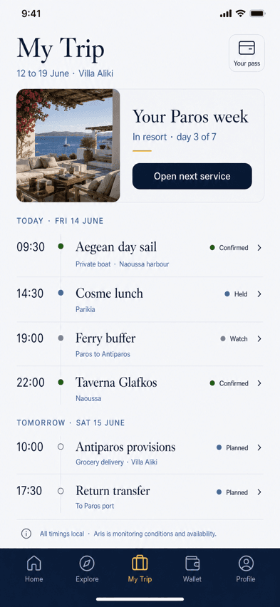 Sommet app My Stay screen populated with itinerary bookings