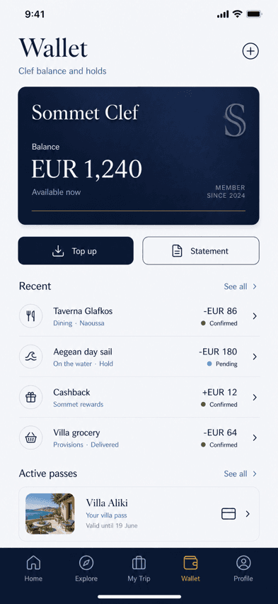 Sommet app Wallet screen populated with balance and payment context
